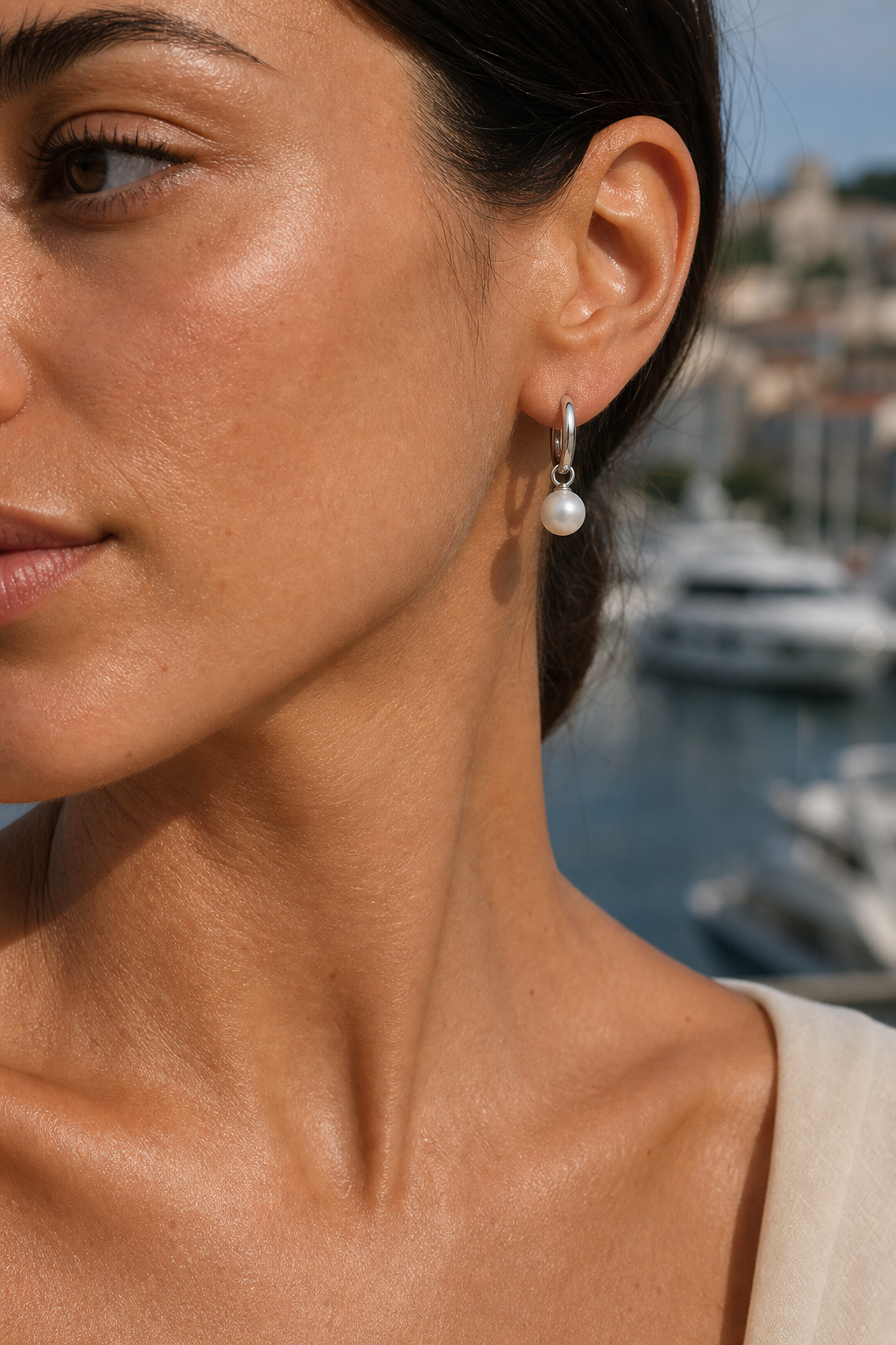 Pearl Huggie Earrings — Rhodium