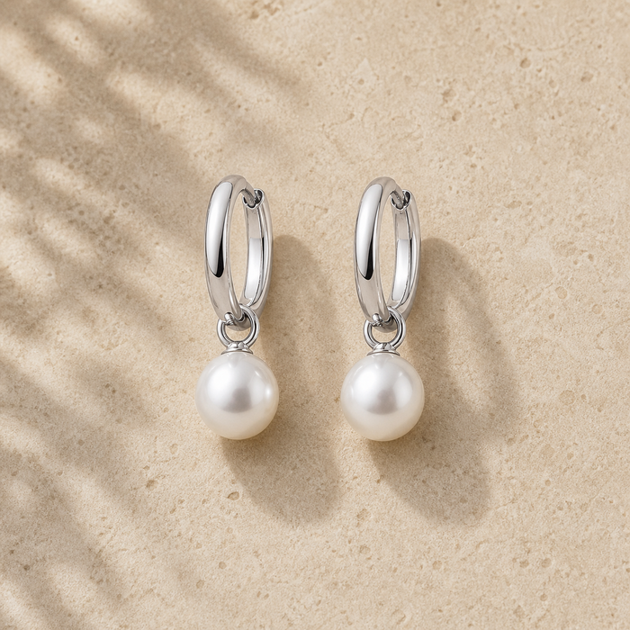 Pearl Huggie Earrings — Rhodium