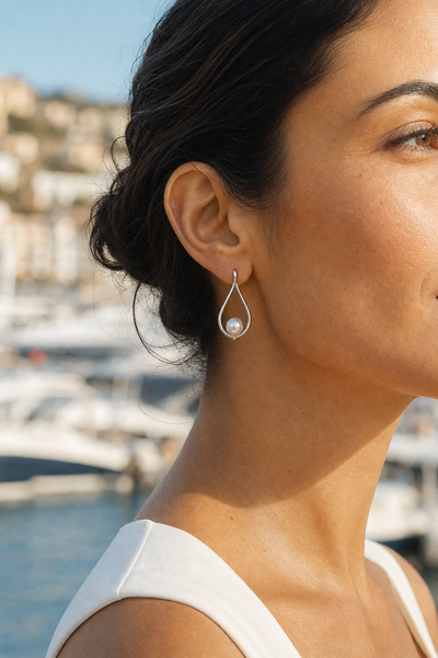 Teardrop Pearl Earrings — Rhodium