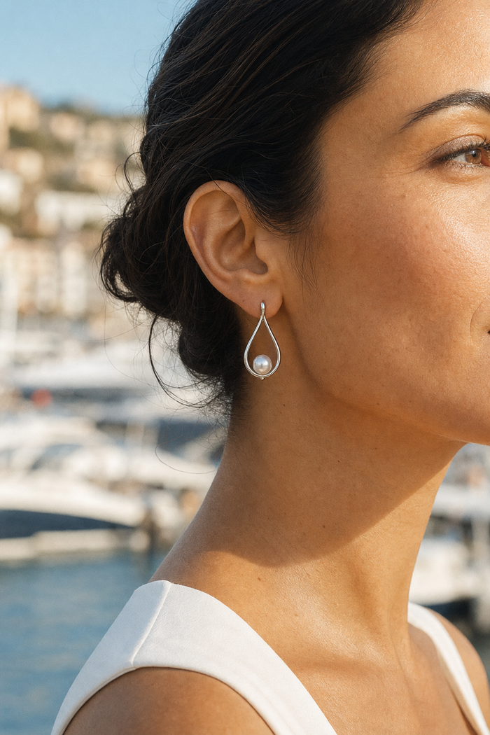 Teardrop Pearl Earrings — Rhodium
