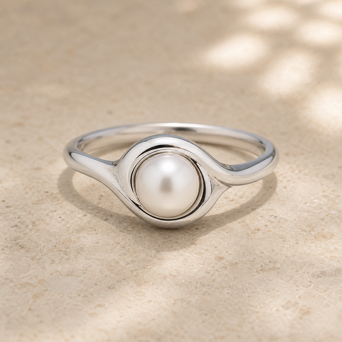 Wave Pearl Ring — Rhodium