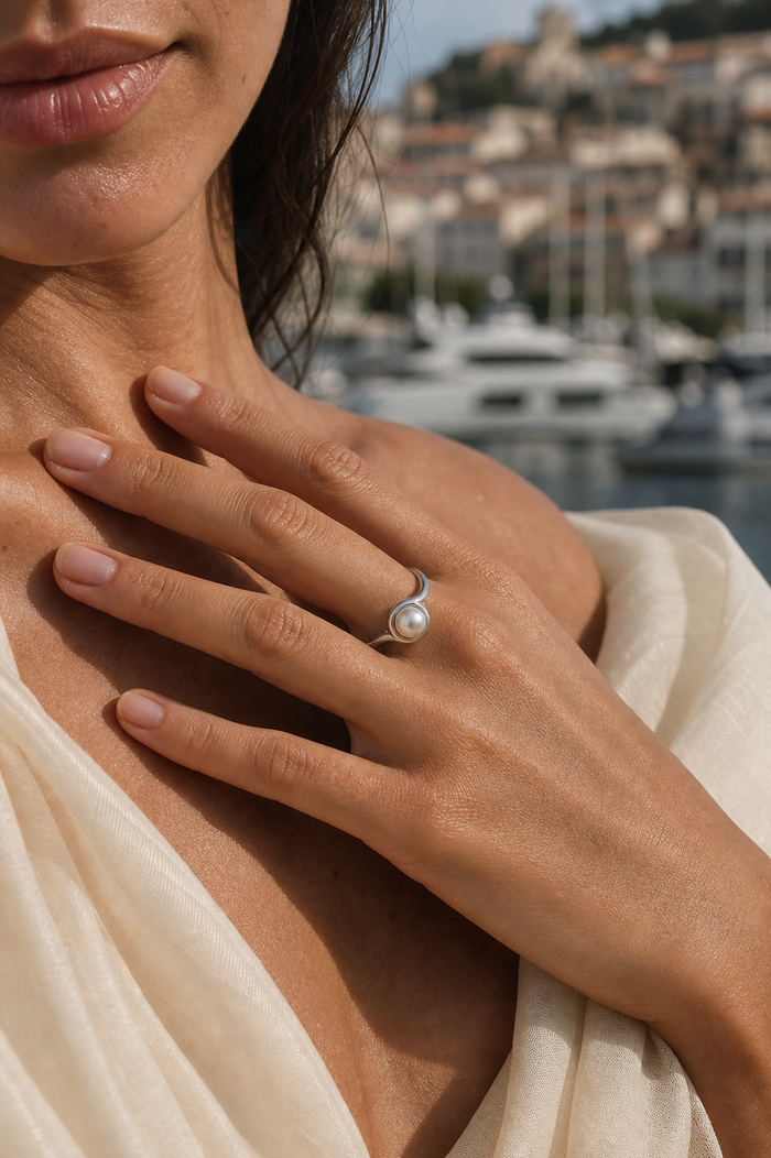 Wave Pearl Ring — Rhodium